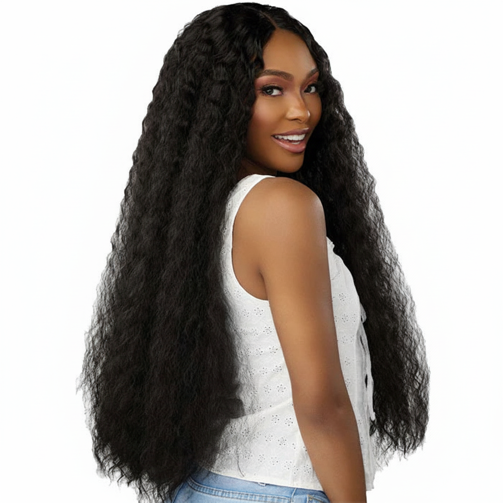 Black Crimped Wig Back-Facing View