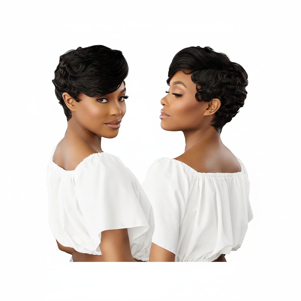 Black Finger Wave Pixie Wig Dual Front and Side Views
