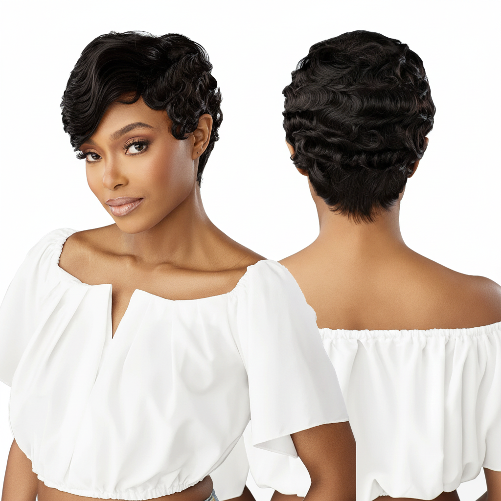 Black Finger Wave Pixie Wig Front and Back Views