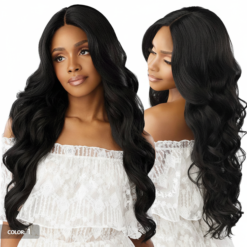 Black Wavy Wig Dual Front and Side Views