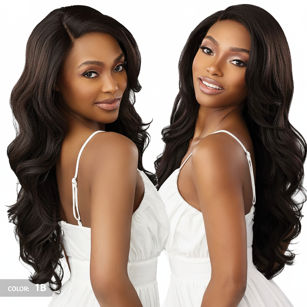 Black Wavy Wig Dual Side Views