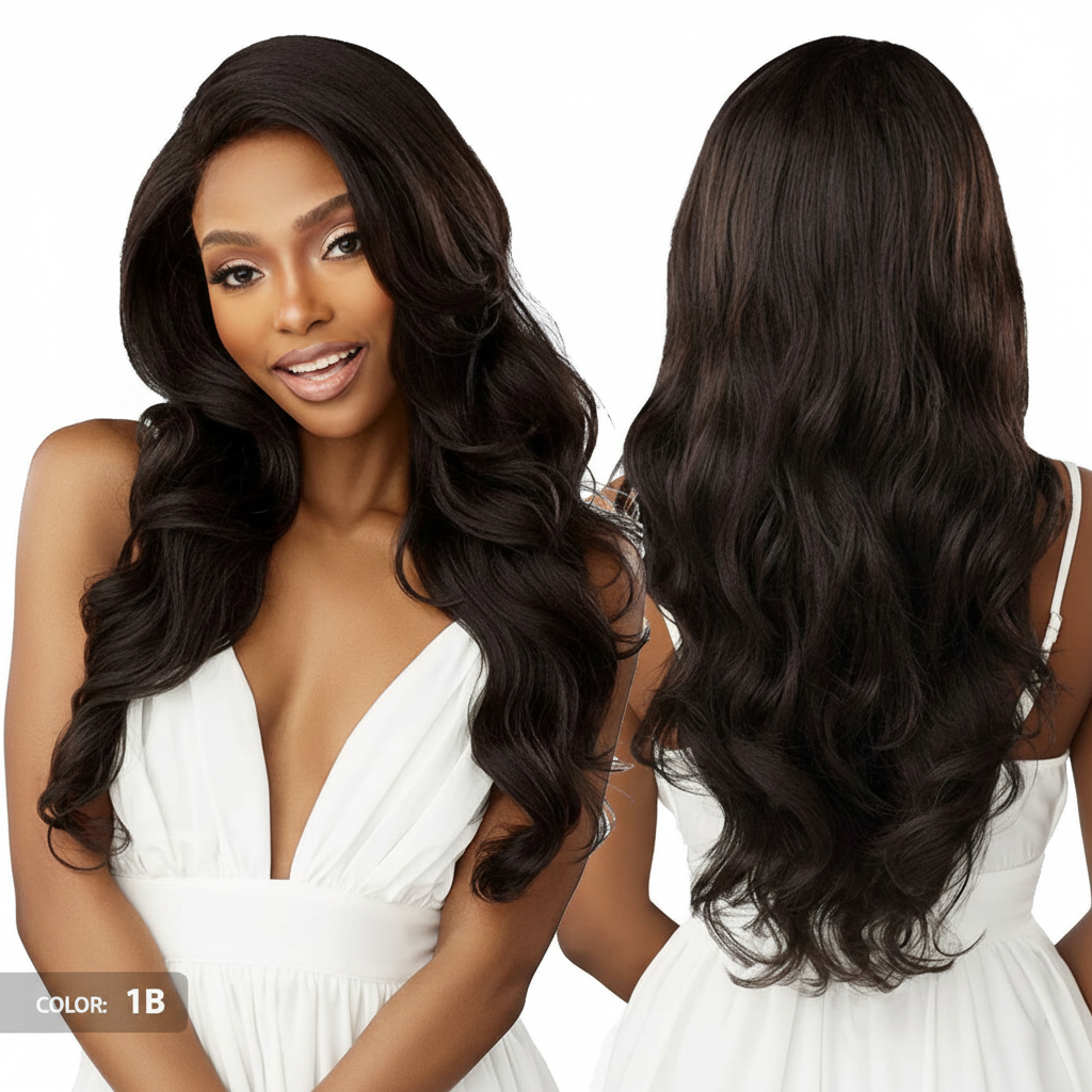 Black Wavy Wig Front and Back Views