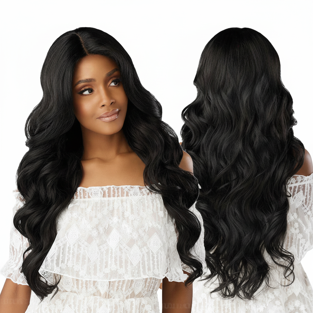 Black Wavy Wig Front and Back Views