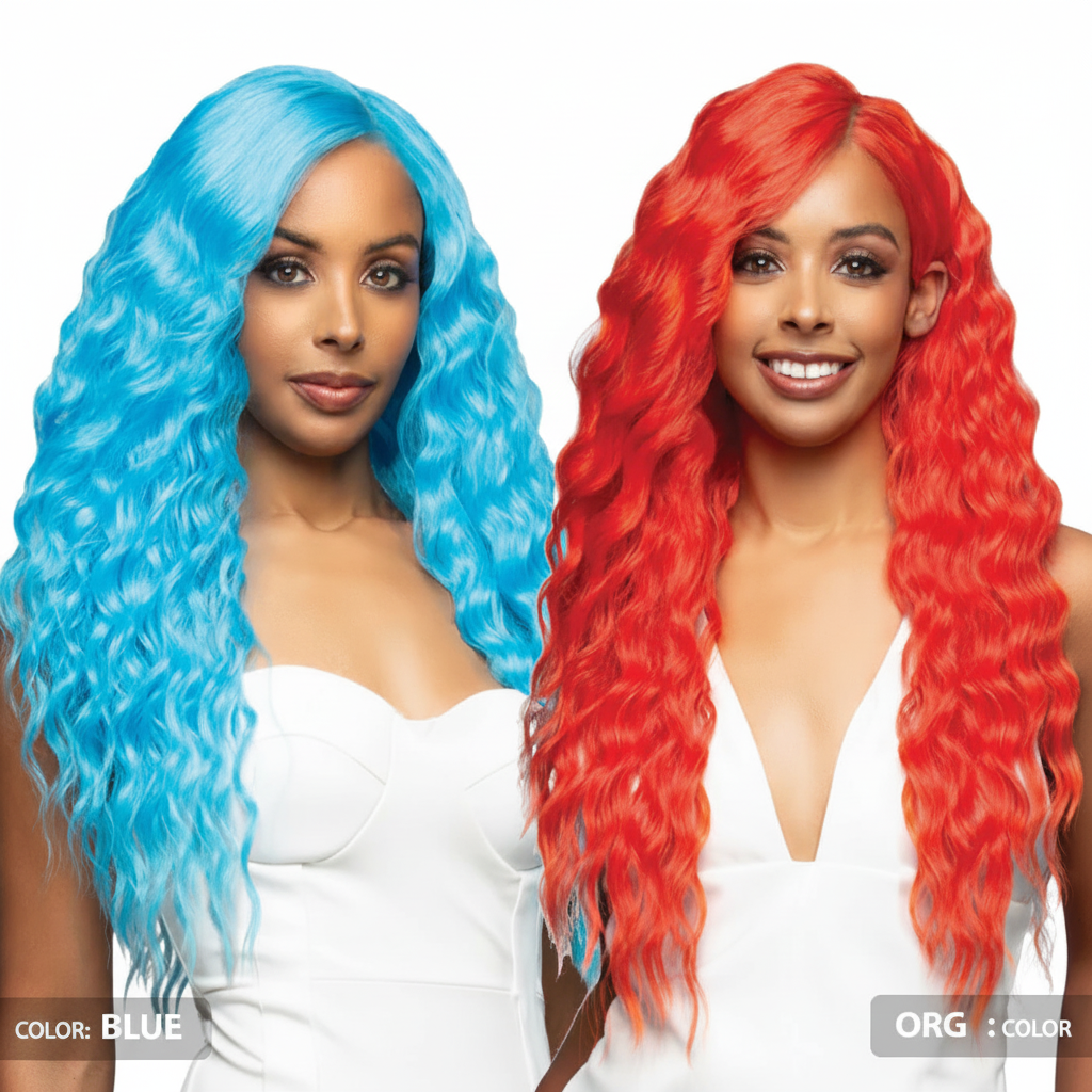 Blue and red wigs on white background