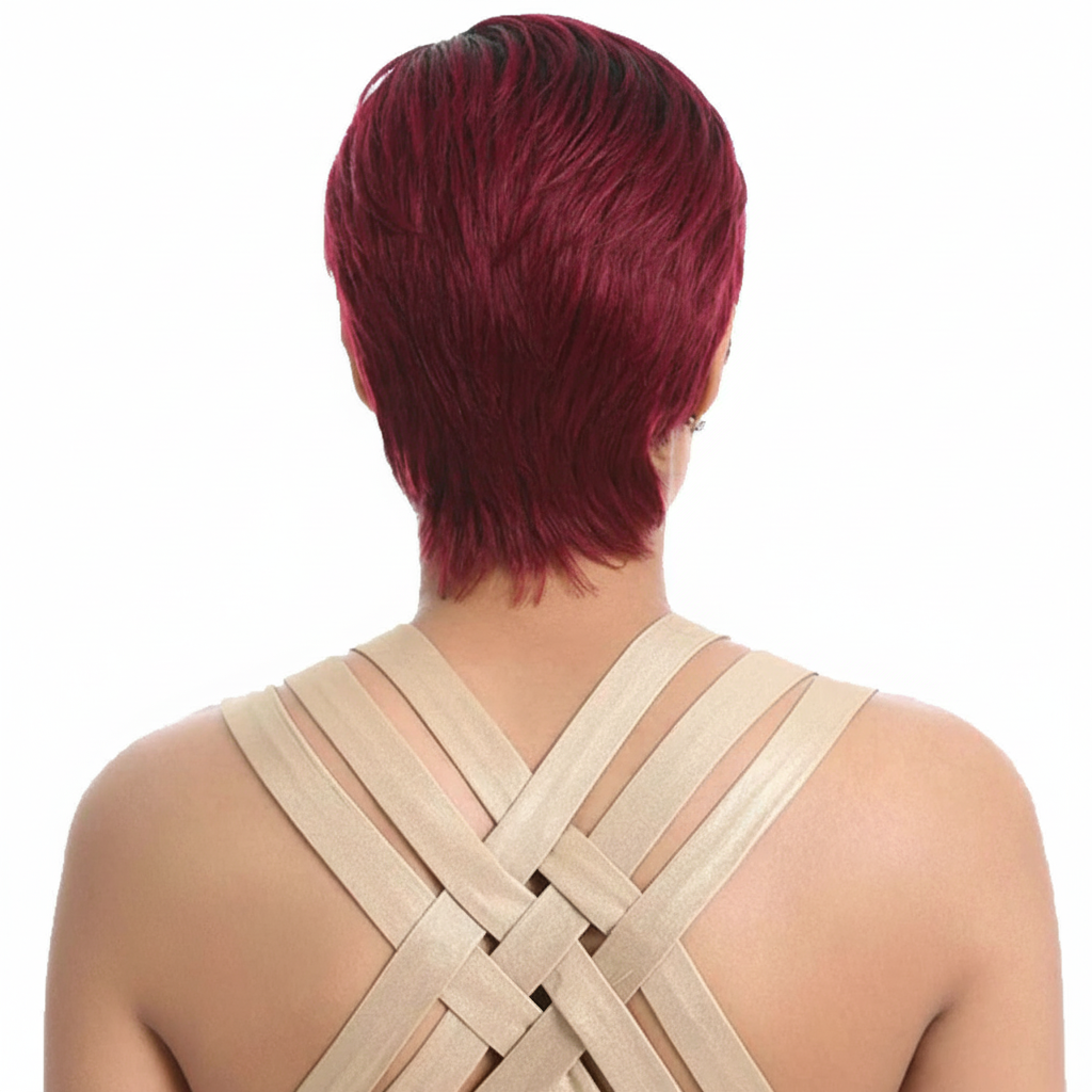 Burgundy pixie wig - back view