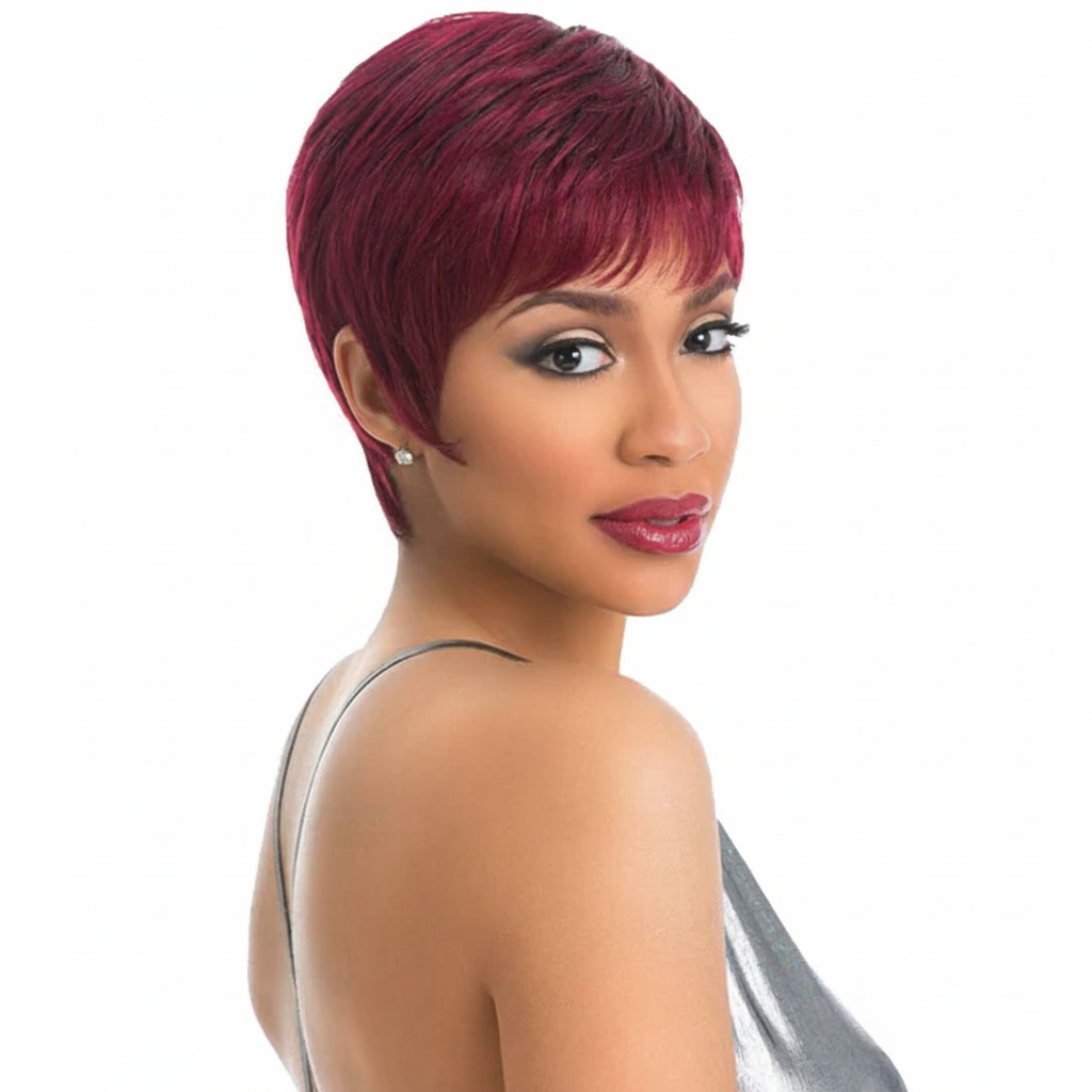 Burgundy pixie wig - front view
