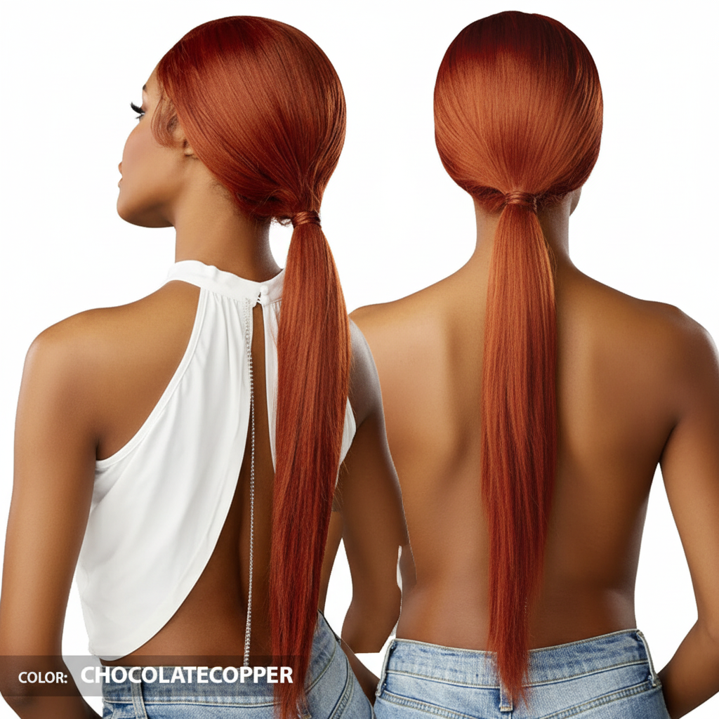 Chocolate copper ponytail - back views