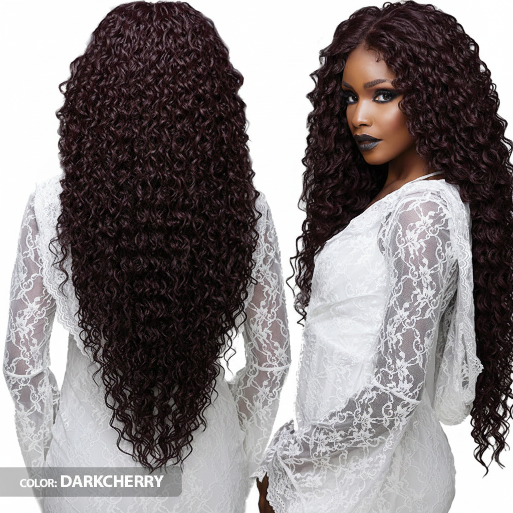 Dark cherry wig back and side view
