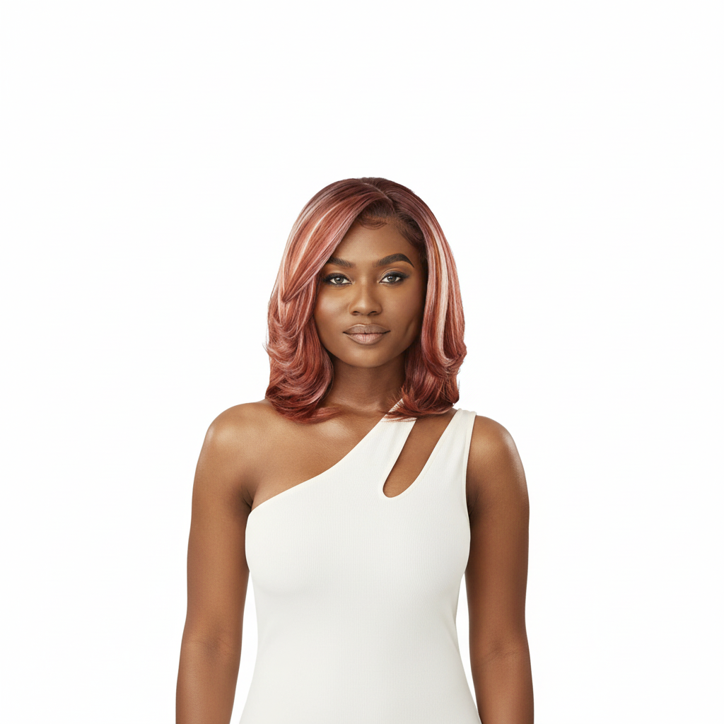 Front view - Rose gold wavy bob wig
