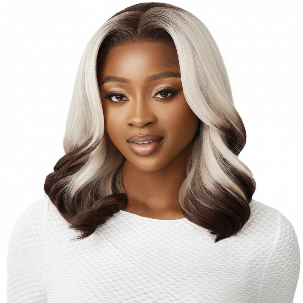 Front view - Silver-gray and brown ombre wavy wig