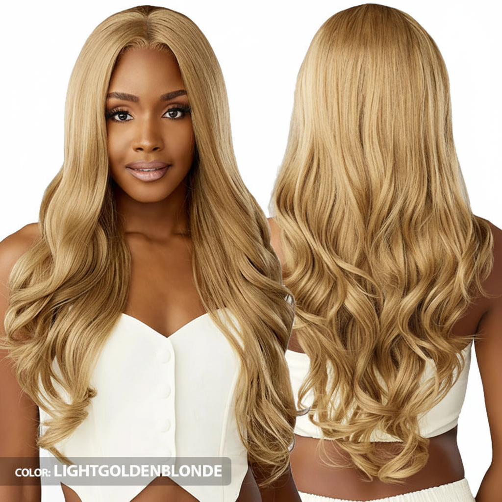 Long light golden blonde wig - multi-angle view