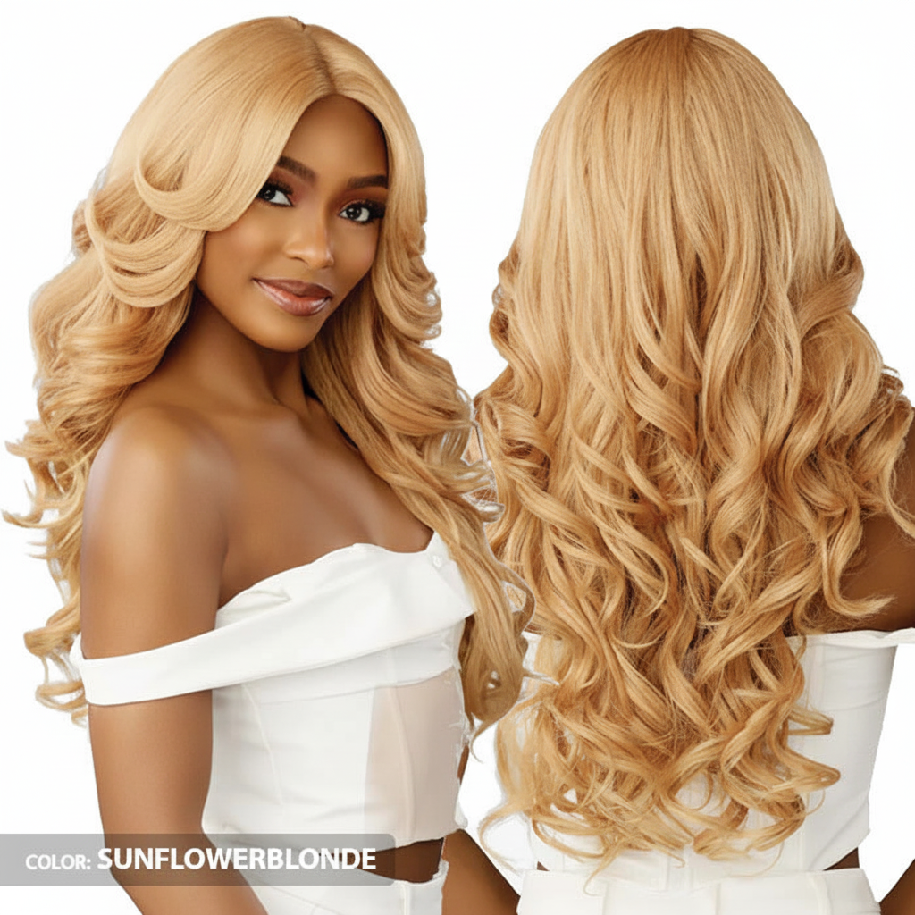 Long sunflower blonde curly wig - multi-angle view