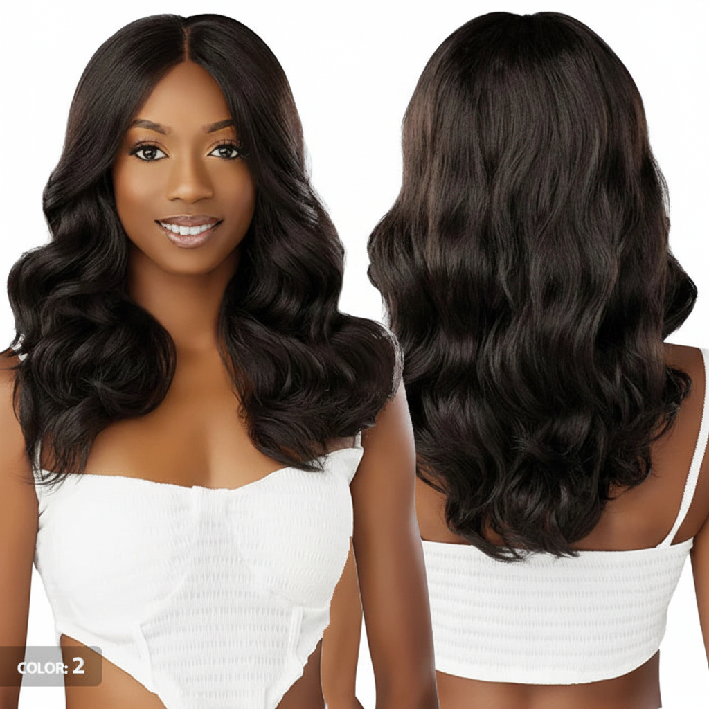 Long wavy black wig - multi-angle view