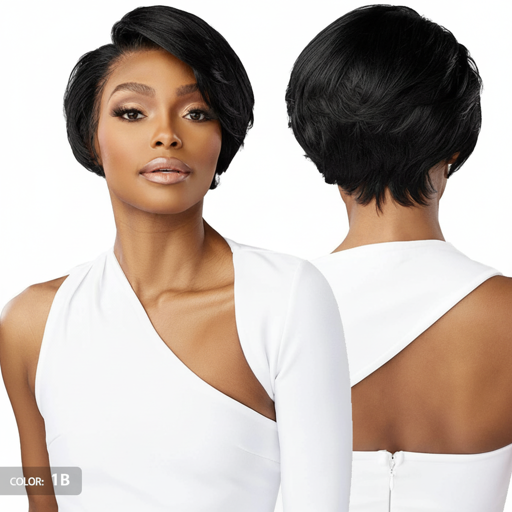 Short black wig - multi-angle view