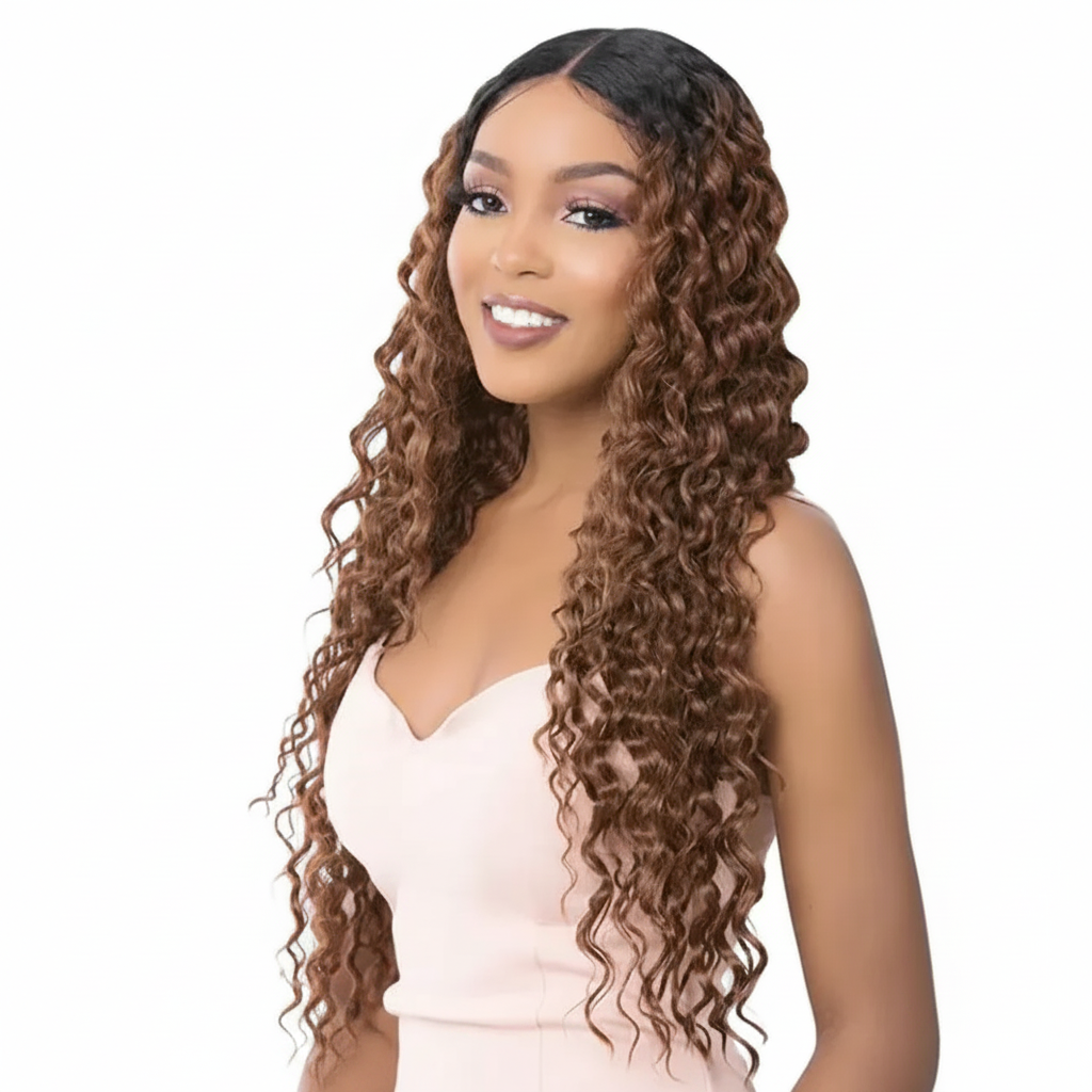 Long curly brown ombre wig - side