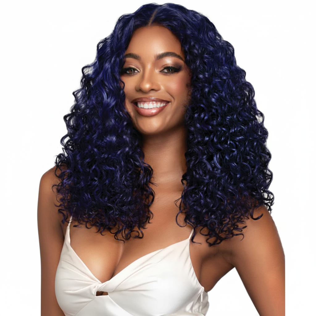 Long curly dark blue wig - front view