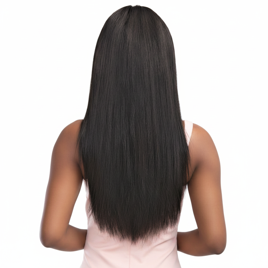 Long straight black wig - back