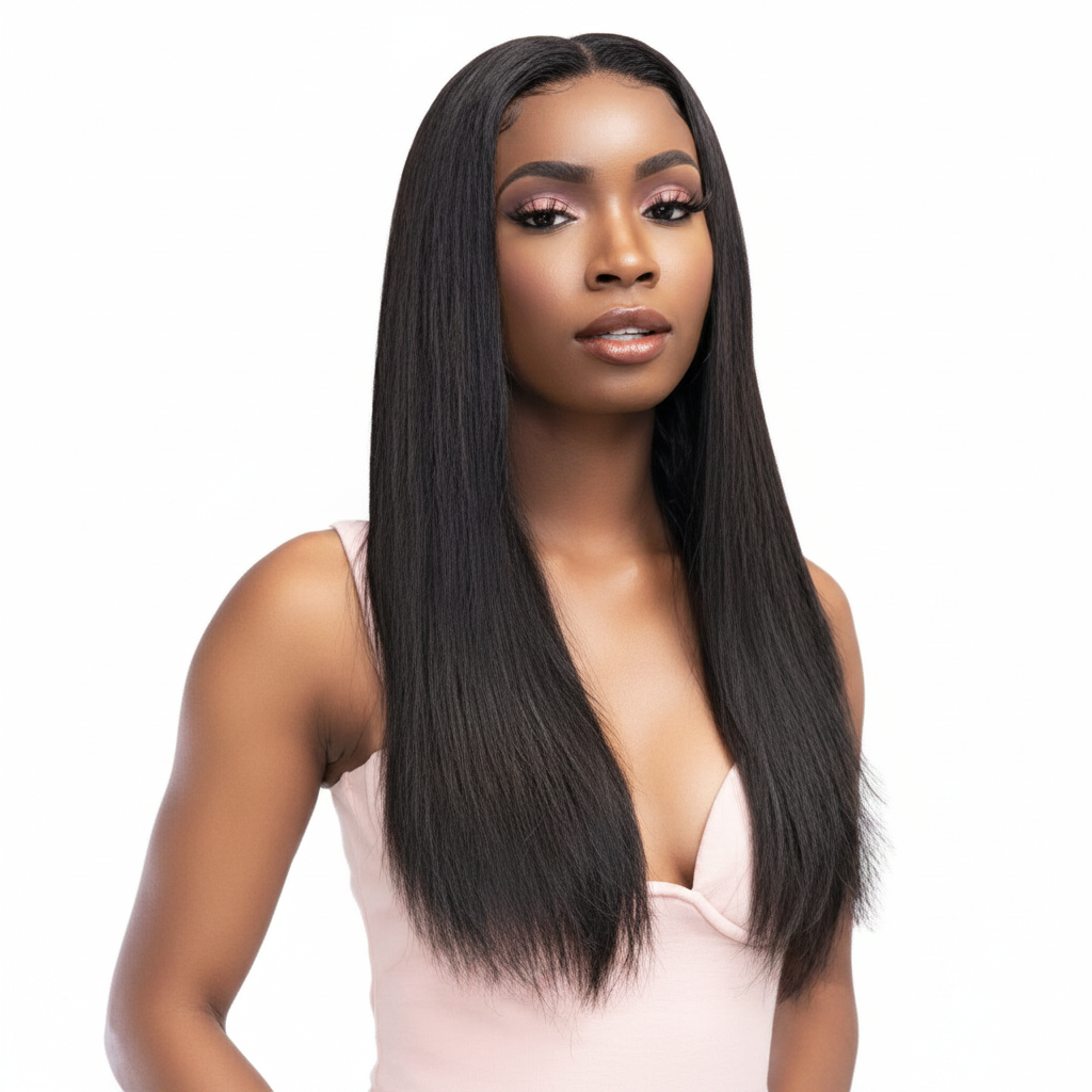 Long straight black wig - front