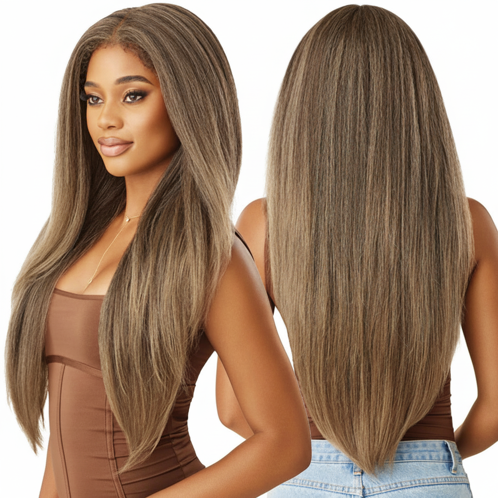 Side and back views - Ash Brown Highlighted Wig