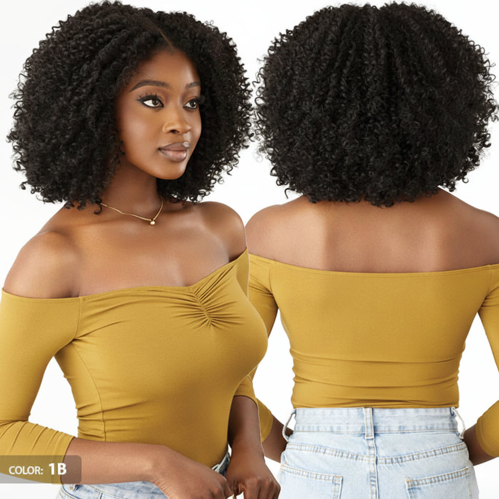 Side and back views - Natural black curly wig