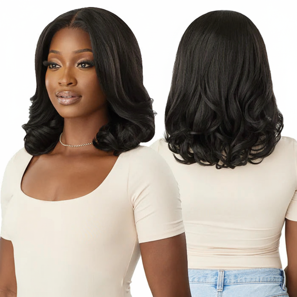 Side and back views - Natural black wavy wig