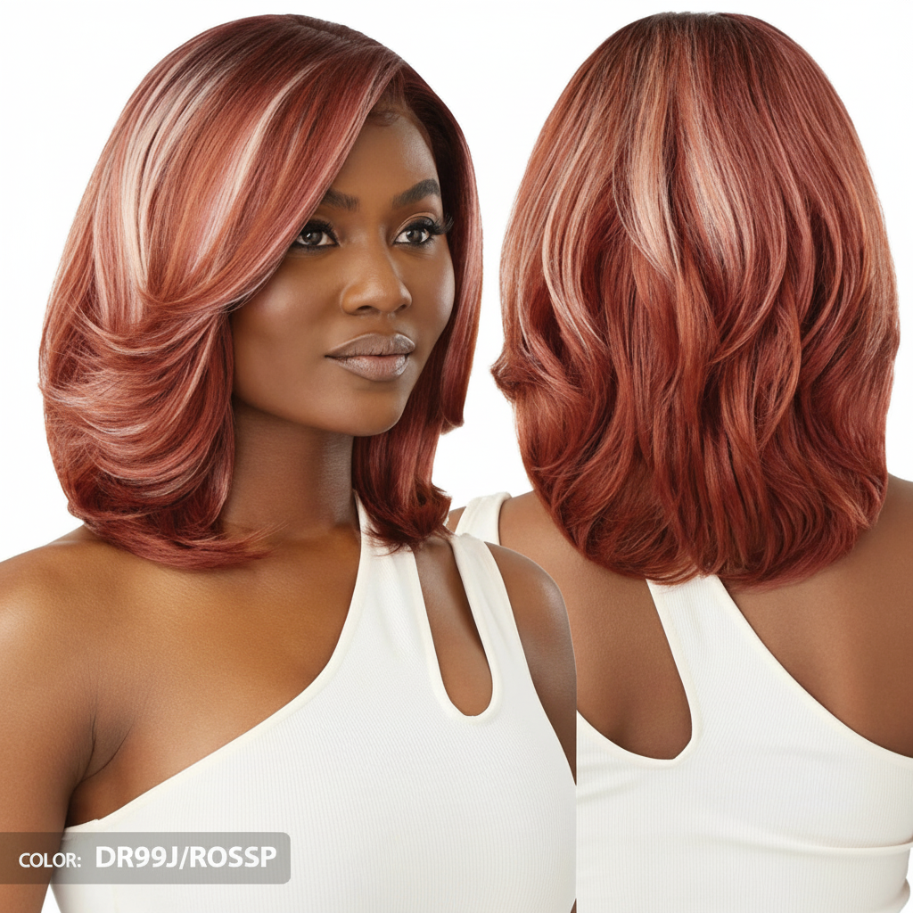 Side and back views - Rose gold wavy bob wig