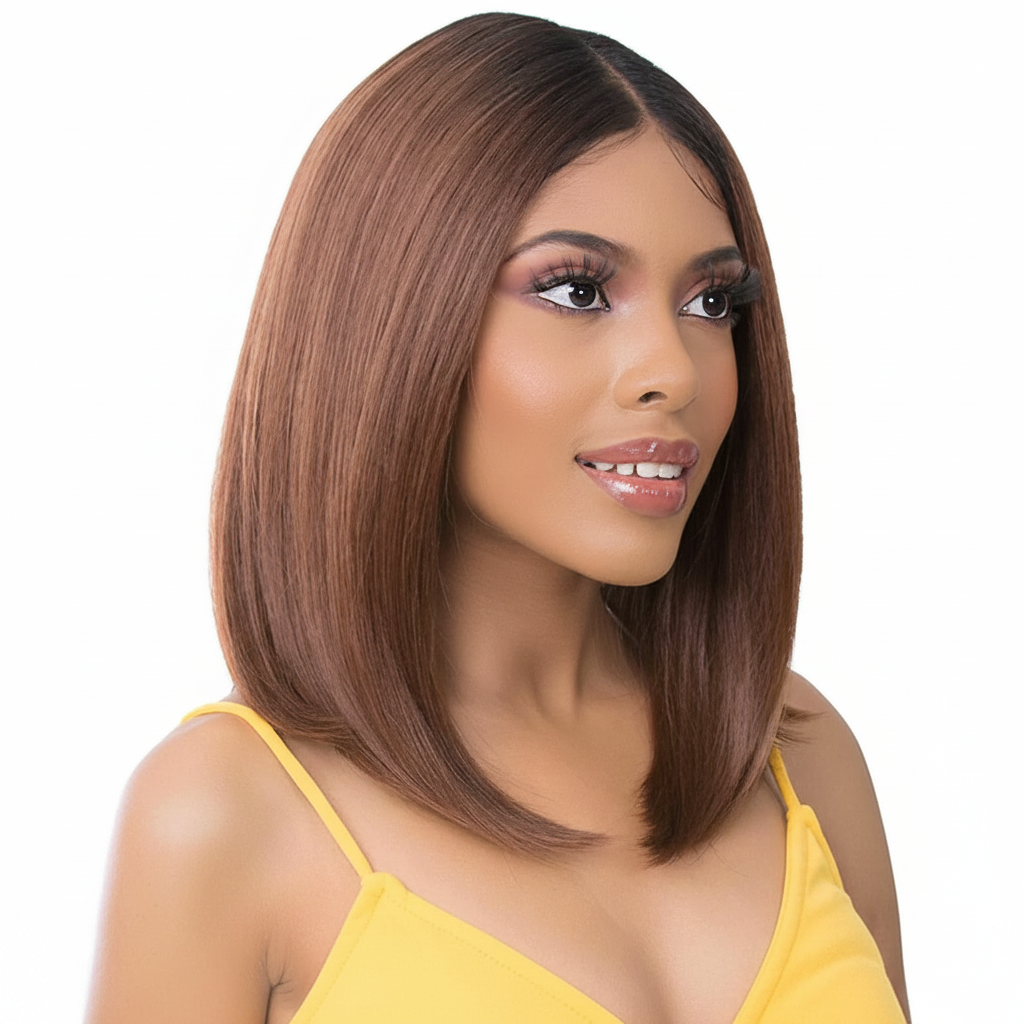Straight brown bob wig - front angle view