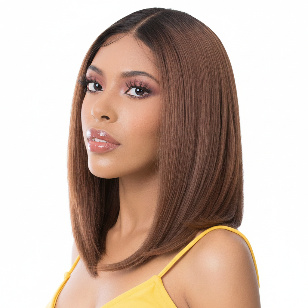 Straight brown bob wig - side view